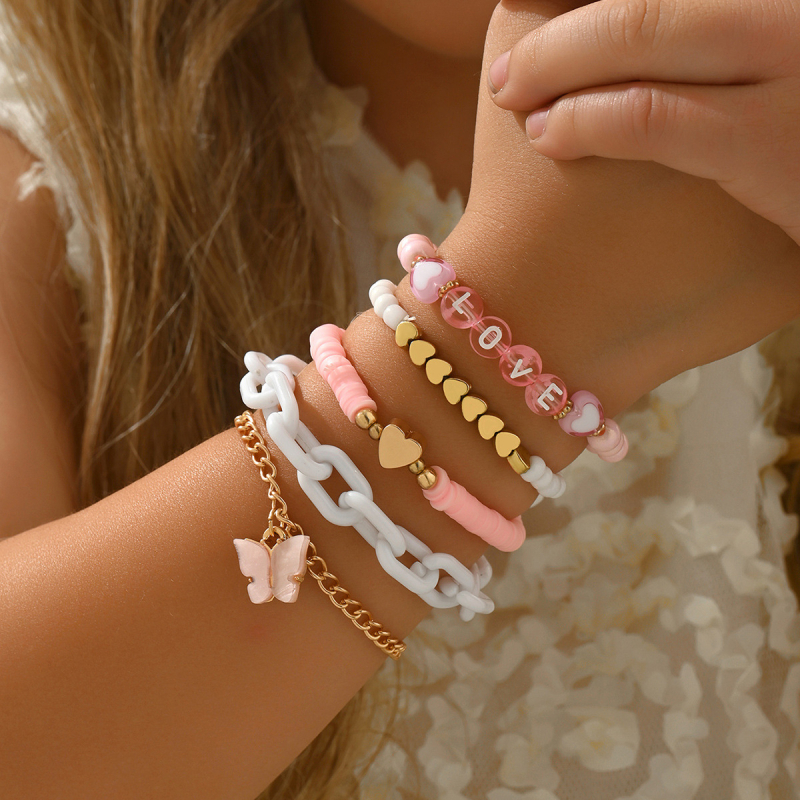 Комплект гривни за деца в етно стил с мънисти от изкуствени перли и мотиви пеперуда и сърце, възраст 10+