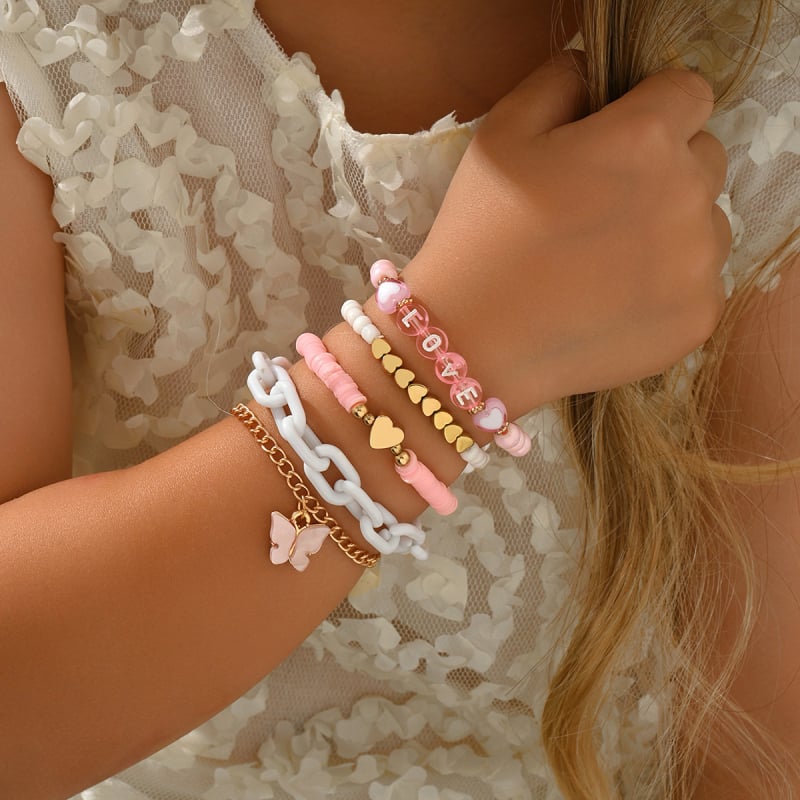 Комплект гривни за деца в етно стил с мънисти от изкуствени перли и мотиви пеперуда и сърце, възраст 10+