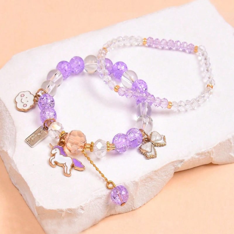 Детска гривна от стъкло – ръчна изработка на стъклени мънини, форма на еднорог, серия Принцеса, карикатурен стил