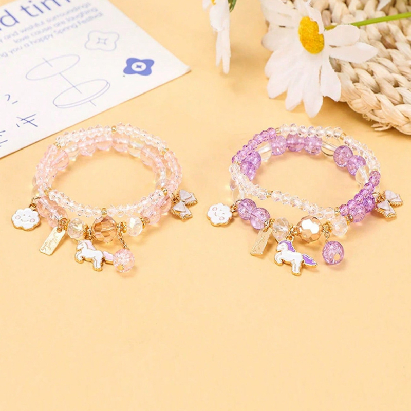 Детска гривна от стъкло – ръчна изработка на стъклени мънини, форма на еднорог, серия Принцеса, карикатурен стил