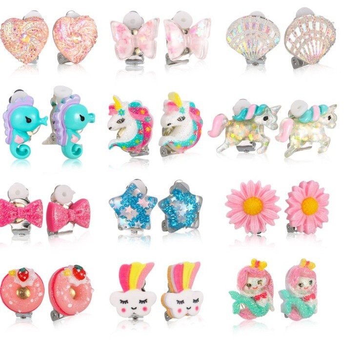 Clips de urechi pentru copii, inimă, desen animat, din plastic/rășină, stil etnic, ambalate individual