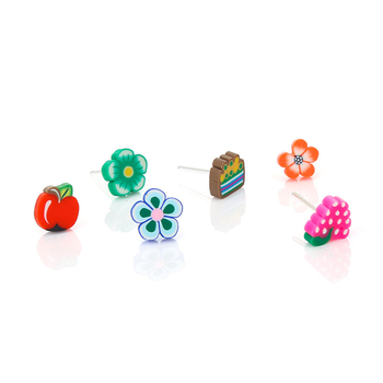 Cercei Stud din feliuțe moi de ceramică – motive fructe, animale și flori; stil coreean pentru copii; amestec aleator de motive; posturi din plastic hipoalergenice