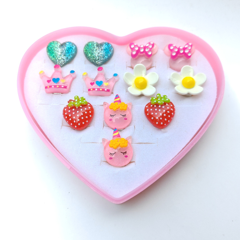 Clips de urechi pentru copii – stil desen animat, formă de inimă, lucrate manual, plastic/rezină, seria Prințesa