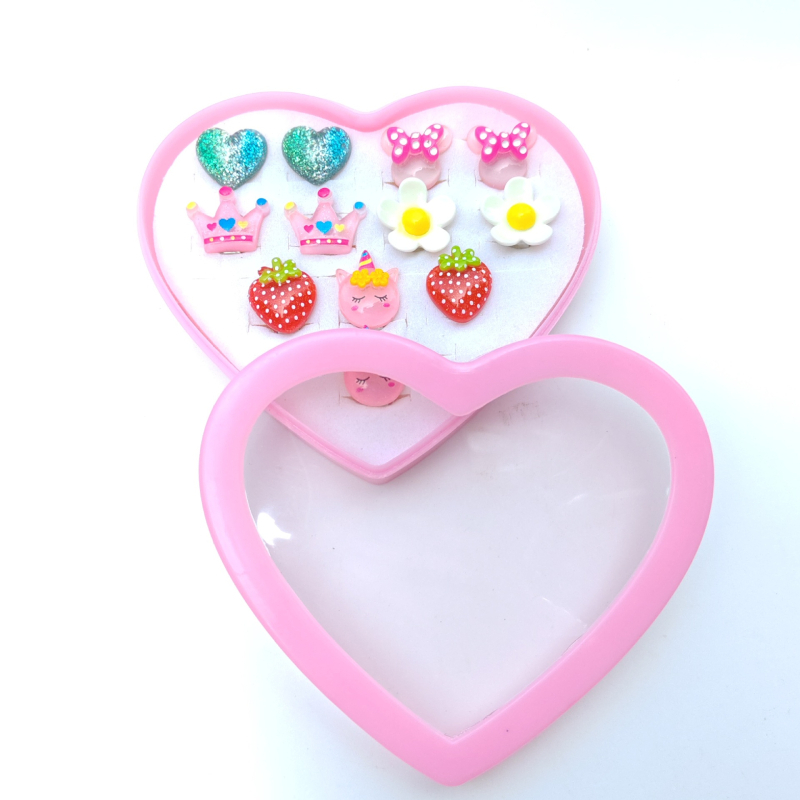 Clips de urechi pentru copii – stil desen animat, formă de inimă, lucrate manual, plastic/rezină, seria Prințesa