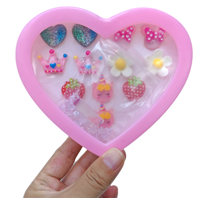 Clips de urechi pentru copii – stil desen animat, formă de inimă, lucrate manual, plastic/rezină, seria Prințesa