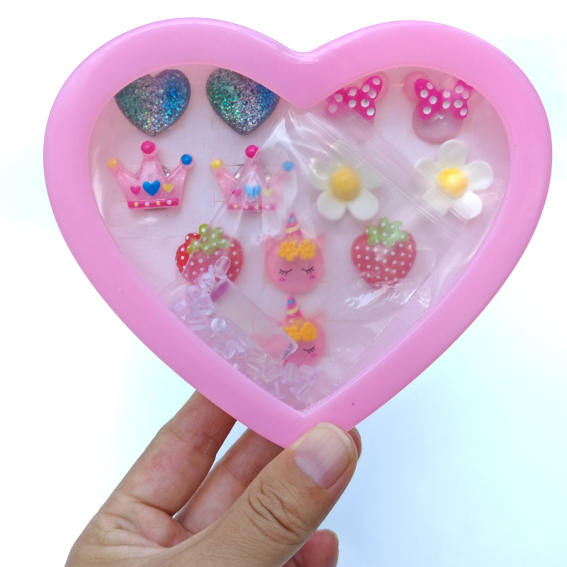 Clips de urechi pentru copii – stil desen animat, formă de inimă, lucrate manual, plastic/rezină, seria Prințesa