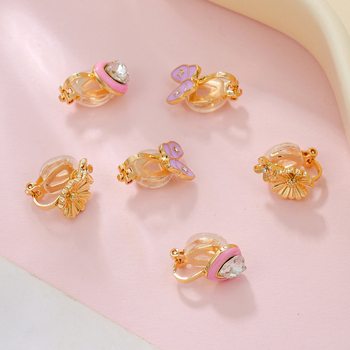 Cercei cu clips pentru urechi, formă inimă, motiv fluture, cristale albe, aliaj, seria Prințesa