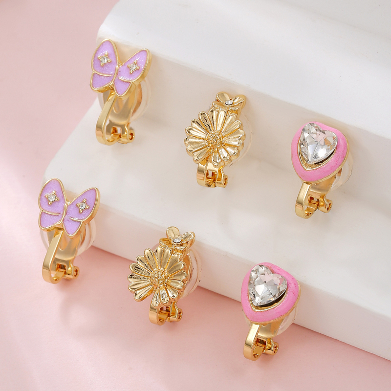 Cercei cu clips pentru urechi, formă inimă, motiv fluture, cristale albe, aliaj, seria Prințesa