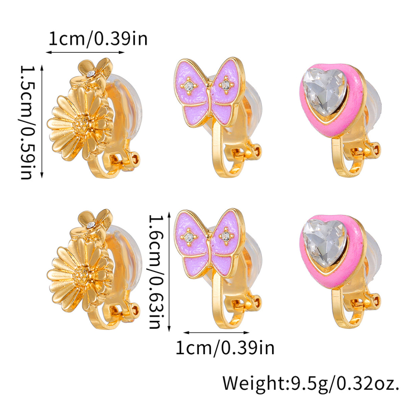 Cercei cu clips pentru urechi, formă inimă, motiv fluture, cristale albe, aliaj, seria Prințesa