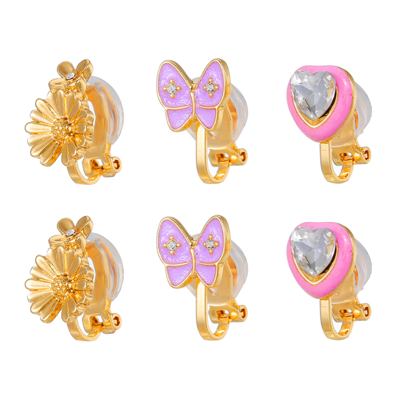 Cercei cu clips pentru urechi, formă inimă, motiv fluture, cristale albe, aliaj, seria Prințesa