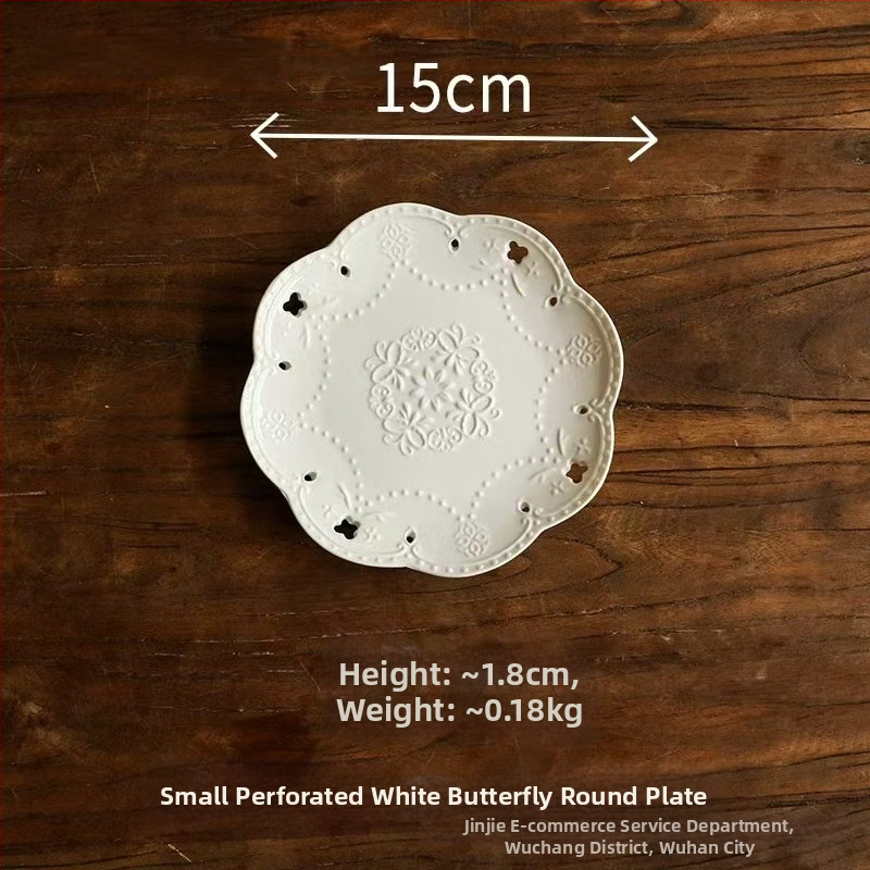 Portselninė lėkštė su krosninės glazūros paviršiumi, dryžių raštas, nėrinių formos, šviesus prabangus retro stilius