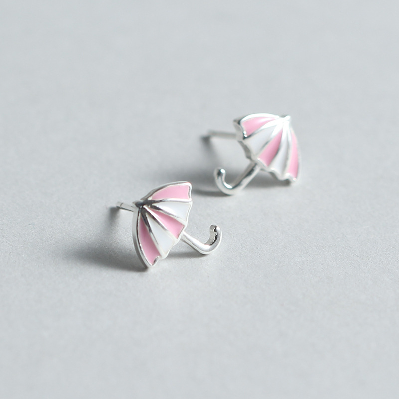 Cercei cu știft, motiv umbrelă, argint S925, Finisaj cu picurare de lac, stil coreean