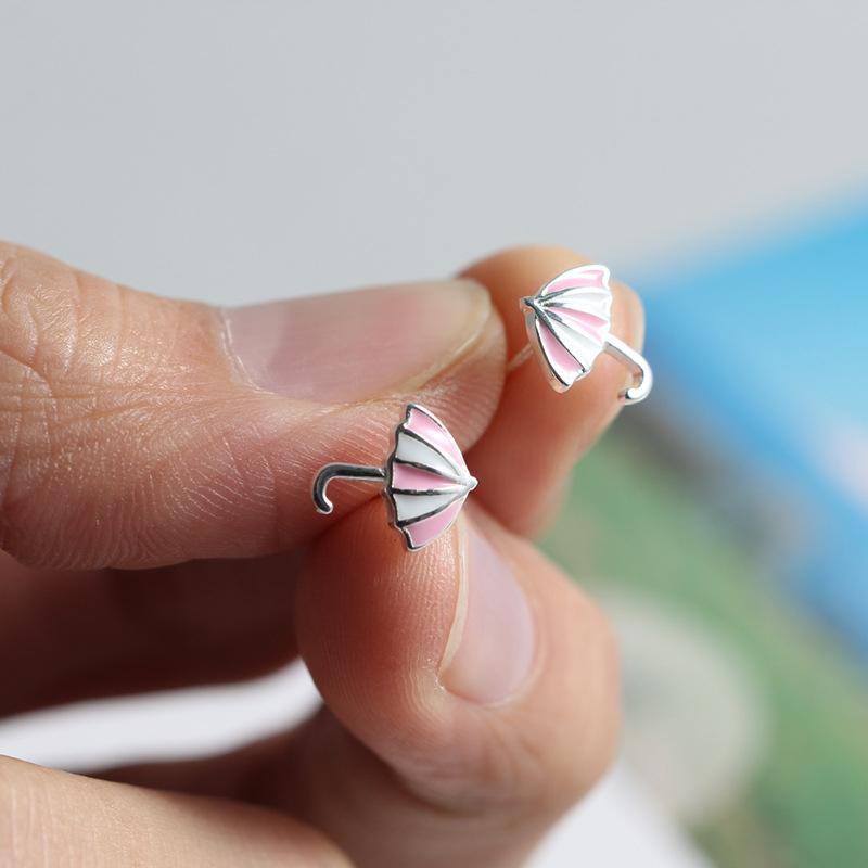 Cercei cu știft, motiv umbrelă, argint S925, Finisaj cu picurare de lac, stil coreean