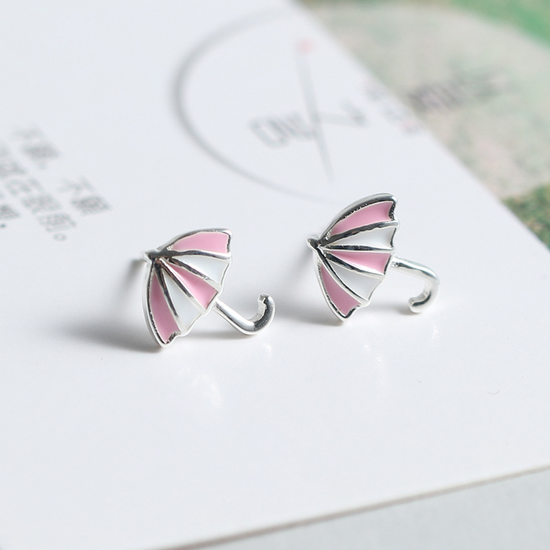 Cercei cu știft, motiv umbrelă, argint S925, Finisaj cu picurare de lac, stil coreean