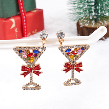 Naušnice od legure s geometrijskim oblikom, ugravirani rhinestones, postovi od 14K zlata, božićni stil, za djecu
