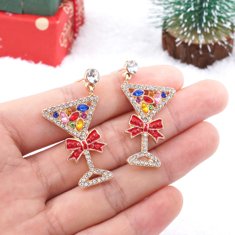 Naušnice od legure s geometrijskim oblikom, ugravirani rhinestones, postovi od 14K zlata, božićni stil, za djecu