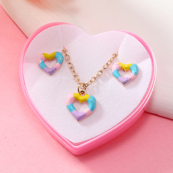 Комплект колие и обеци с висулка‑сърце; сплав; електроплатина; топчеста верижка; серия Принцеса; подходящ за деца над 10 години