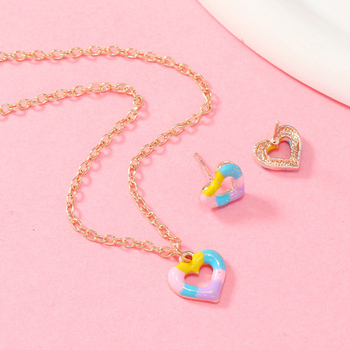 Комплект колие и обеци с висулка‑сърце; сплав; електроплатина; топчеста верижка; серия Принцеса; подходящ за деца над 10 години
