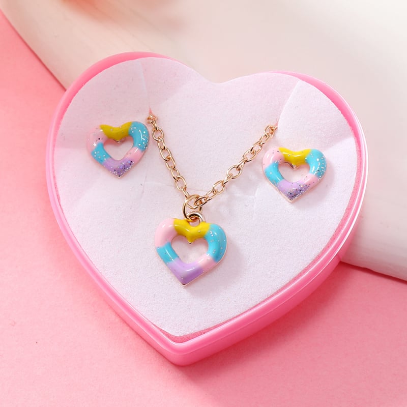 Комплект колие и обеци с висулка‑сърце; сплав; електроплатина; топчеста верижка; серия Принцеса; подходящ за деца над 10 години