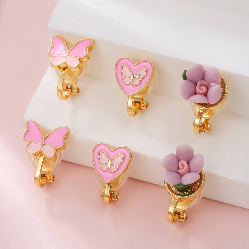 Clipuri pentru urechi în formă de inimă, aliaj de zinc, cristale albe, seria Prințesa, cercei pentru copii