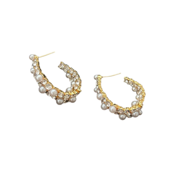 Naušnice C-oblika s perlama i dijamantima, 925 srebrni post, elektroplatirano završno