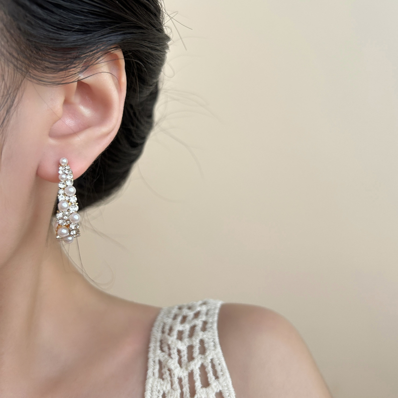 Naušnice C-oblika s perlama i dijamantima, 925 srebrni post, elektroplatirano završno