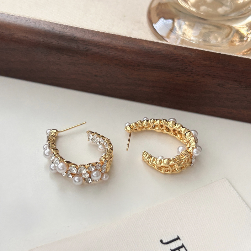 Naušnice C-oblika s perlama i dijamantima, 925 srebrni post, elektroplatirano završno