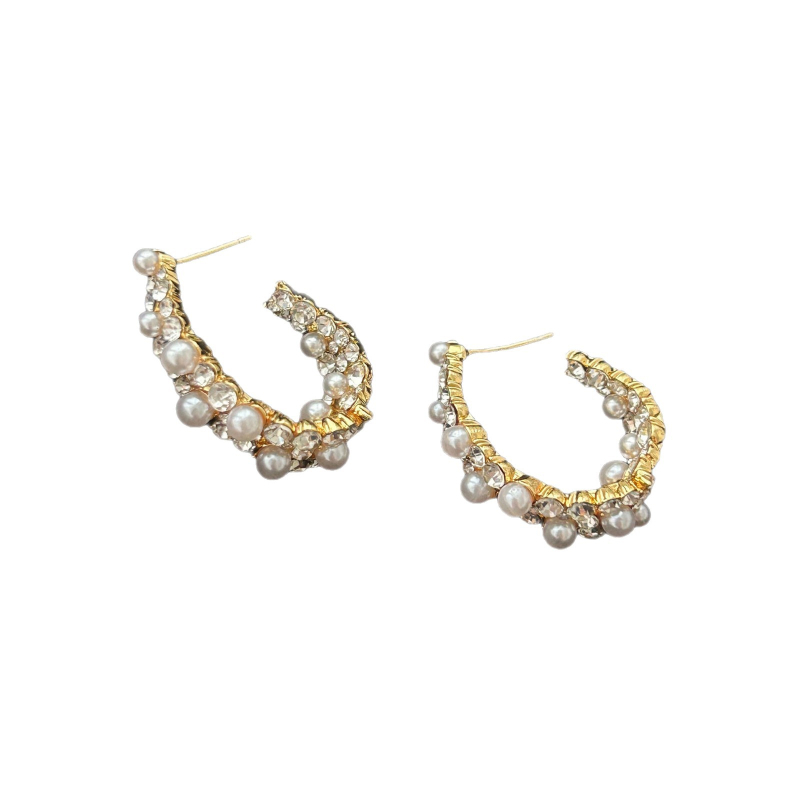 Naušnice C-oblika s perlama i dijamantima, 925 srebrni post, elektroplatirano završno