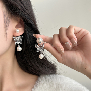 Naušnice s perlama u obliku leptira, vintage književno-retro stil, elektroplating, ušni štift od srebra 925, visoka kvaliteta