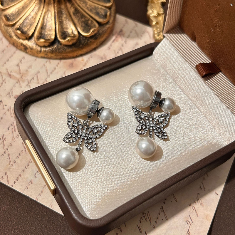 Naušnice s perlama u obliku leptira, vintage književno-retro stil, elektroplating, ušni štift od srebra 925, visoka kvaliteta