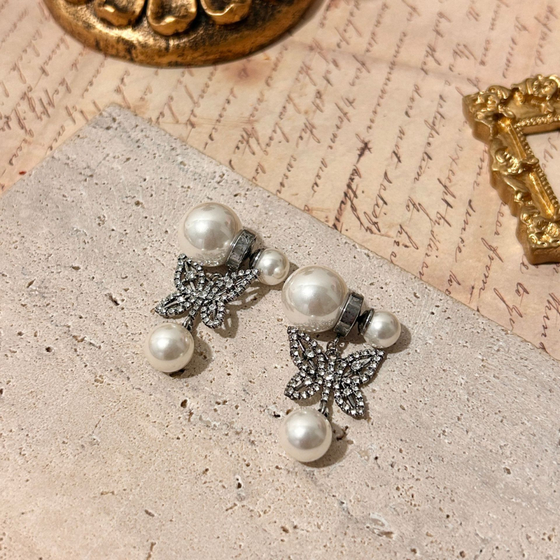 Naušnice s perlama u obliku leptira, vintage književno-retro stil, elektroplating, ušni štift od srebra 925, visoka kvaliteta