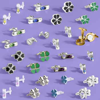 Ръкавни копчета с четирилистна детелина и нивелир с пясъчен часовник – стомана, кристал призрак