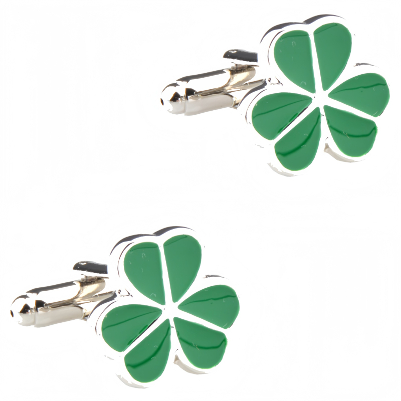 Ръкавни копчета с четирилистна детелина и нивелир с пясъчен часовник – стомана, кристал призрак