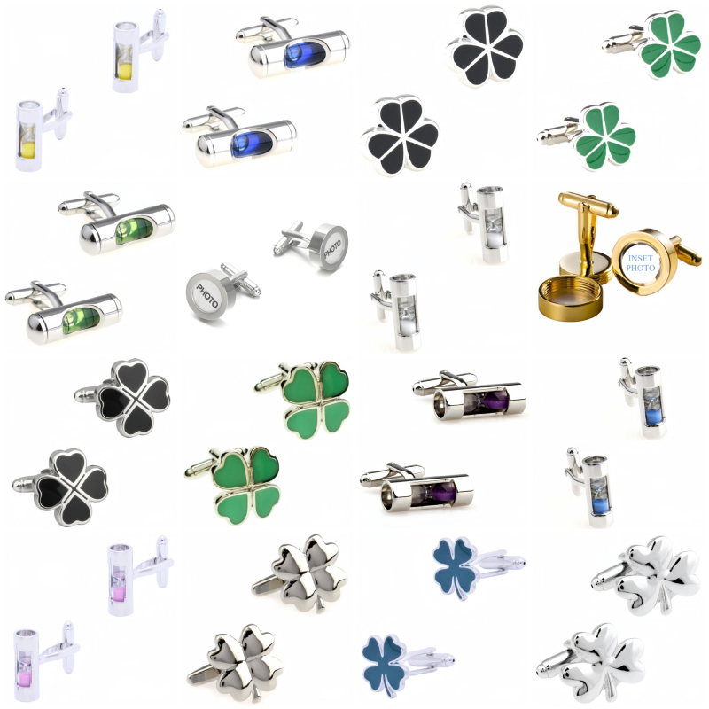 Ръкавни копчета с четирилистна детелина и нивелир с пясъчен часовник – стомана, кристал призрак