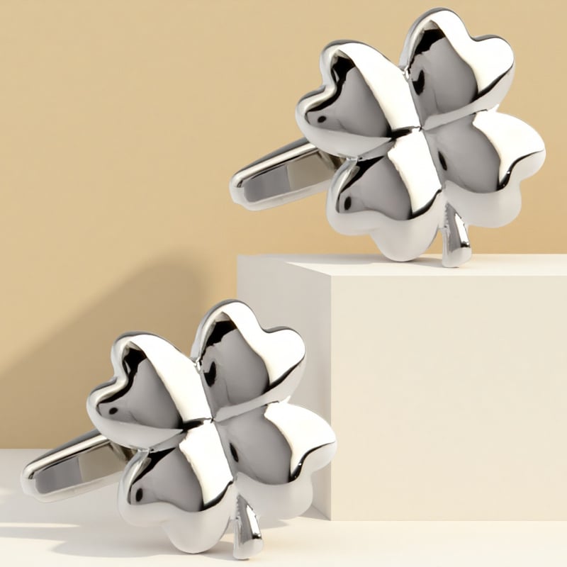 Ръкавни копчета с четирилистна детелина и нивелир с пясъчен часовник – стомана, кристал призрак