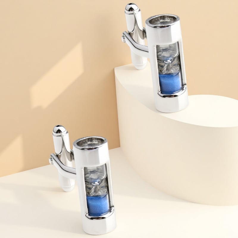 Ръкавни копчета с четирилистна детелина и нивелир с пясъчен часовник – стомана, кристал призрак