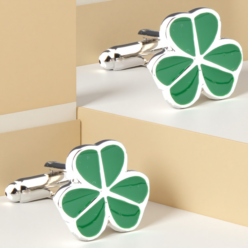 Ръкавни копчета с четирилистна детелина и нивелир с пясъчен часовник – стомана, кристал призрак