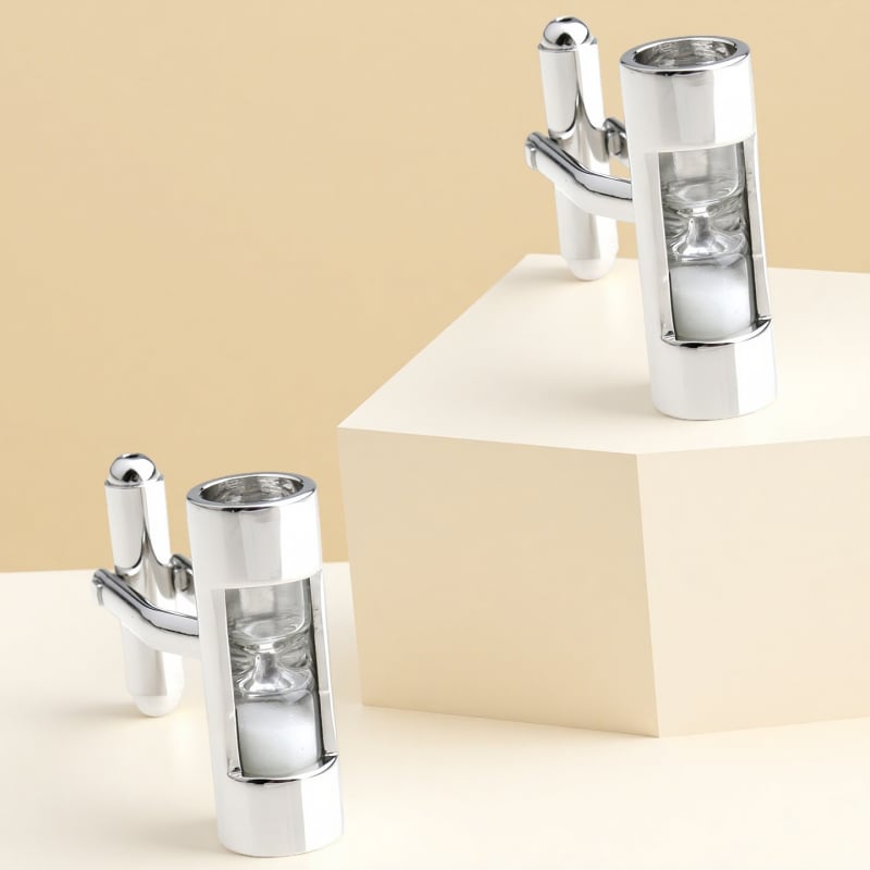 Ръкавни копчета с четирилистна детелина и нивелир с пясъчен часовник – стомана, кристал призрак