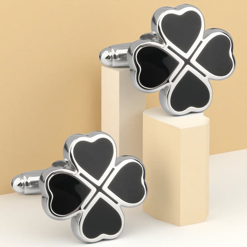 Ръкавни копчета с четирилистна детелина и нивелир с пясъчен часовник – стомана, кристал призрак