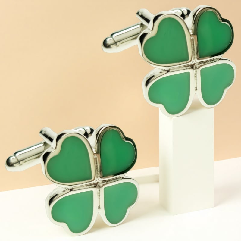 Ръкавни копчета с четирилистна детелина и нивелир с пясъчен часовник – стомана, кристал призрак