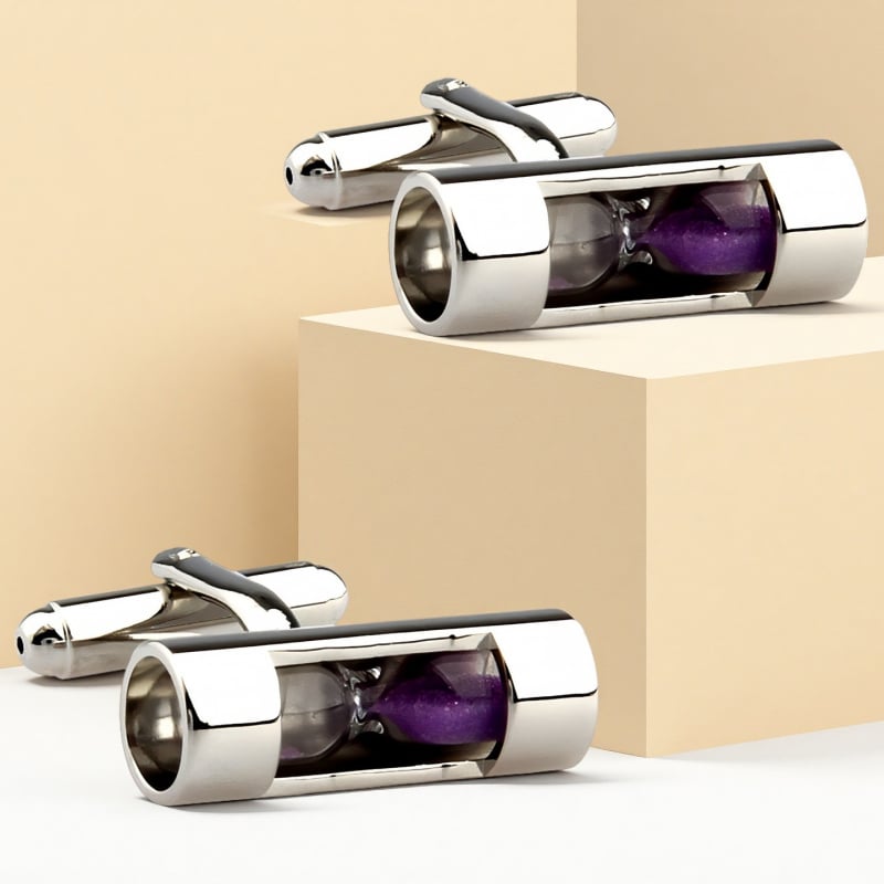 Ръкавни копчета с четирилистна детелина и нивелир с пясъчен часовник – стомана, кристал призрак