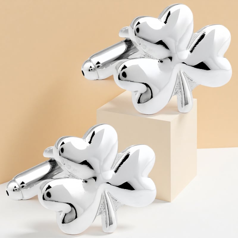 Ръкавни копчета с четирилистна детелина и нивелир с пясъчен часовник – стомана, кристал призрак