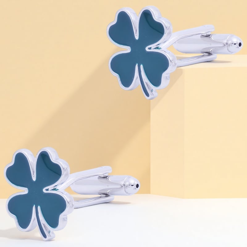 Ръкавни копчета с четирилистна детелина и нивелир с пясъчен часовник – стомана, кристал призрак