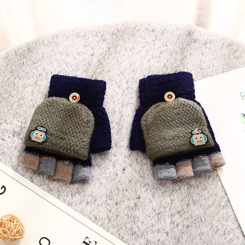 Dječje zimske rukavice s preklopnim poklopcem, konvertibilne, s poludijelom prst dizajnom, karikatura uzorak, od najlona, za uzrast 4–9 godina