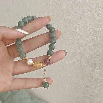 Női karkötő Strawberry Crystal kővel, burmai jád karikák és édesvízi gyöngyök, csepp alakú