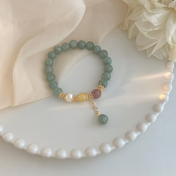 Női karkötő Strawberry Crystal kővel, burmai jád karikák és édesvízi gyöngyök, csepp alakú