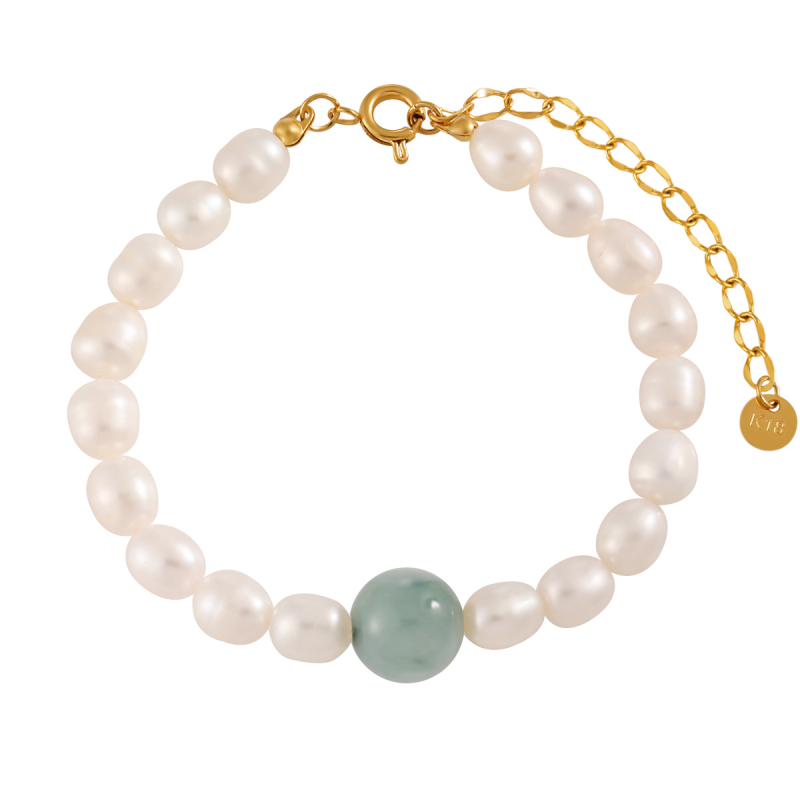 Koreai stílusú jáde és édesvízi gyöngy karkötő, geometriai mintázat, titánacél részletekkel — Kaia Indor