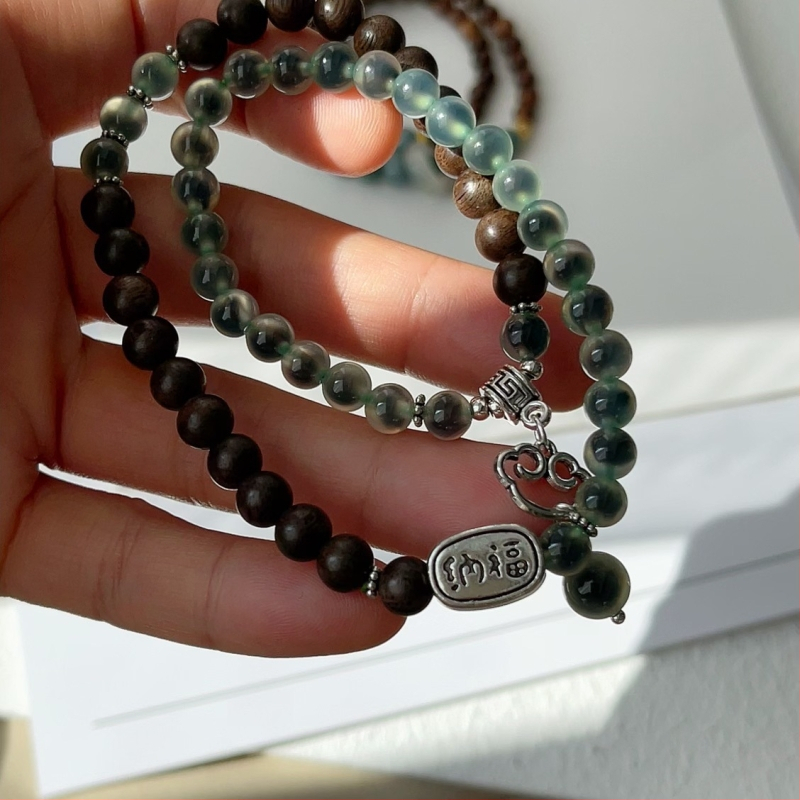 Náramok z achátu - ručne pletený, dizajn dvojitého kruhu, dámsky čínsky štýl, literárne retro