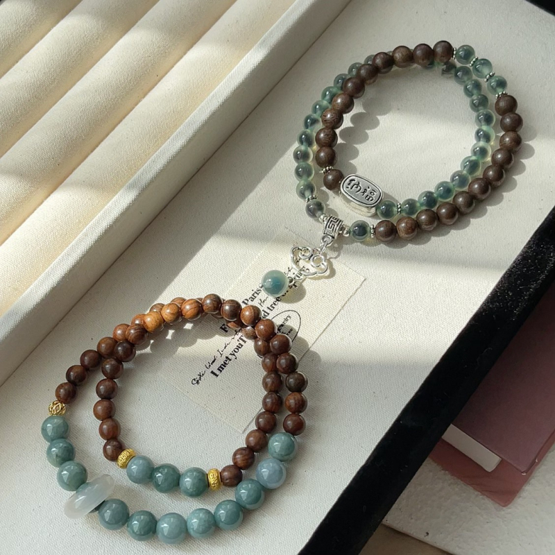 Náramok z achátu - ručne pletený, dizajn dvojitého kruhu, dámsky čínsky štýl, literárne retro