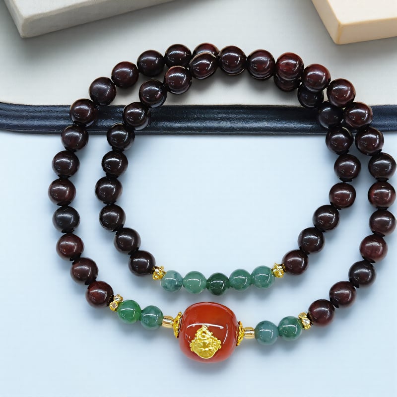 Ručne vyrobený dvojradový náramok z malolistového ružového dreva s jade a achátom – ženský originálny dizajn